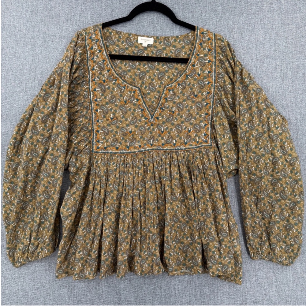 World Market Womens L/XL Paisley Embroidered Cotton Peplum Blouse Brown Boho Top